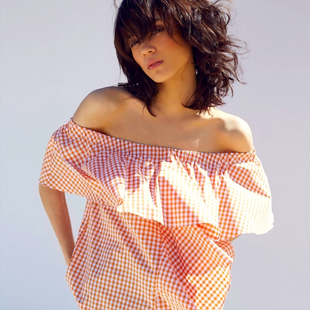 Uterqüe Orange White Gingham Ruffle Off Shoulder top. Cottage Size Small.